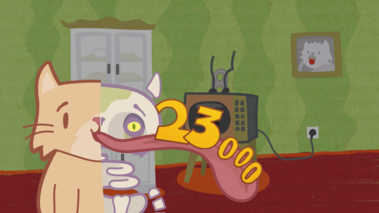 Illustration von KatzeQ mit der Zahl 23.000, Comicstil im Wohnzimmerambiente.